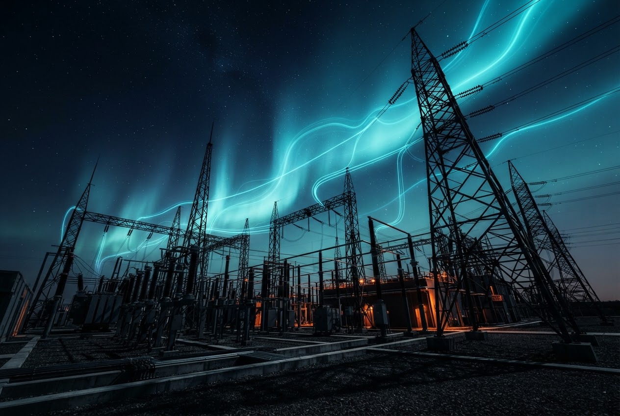 Green energy grid substation at twilight with cyan light paths